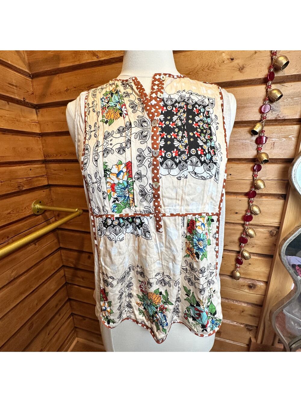 Tiny Sleeveless Boho Patchwork Floral Tank Top Size S